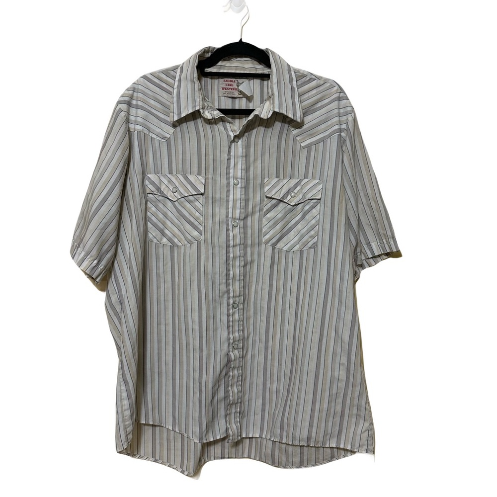 Saddle King Western Vtg Striped Pearl Snap Button Up Short Sleeve Men L Beige